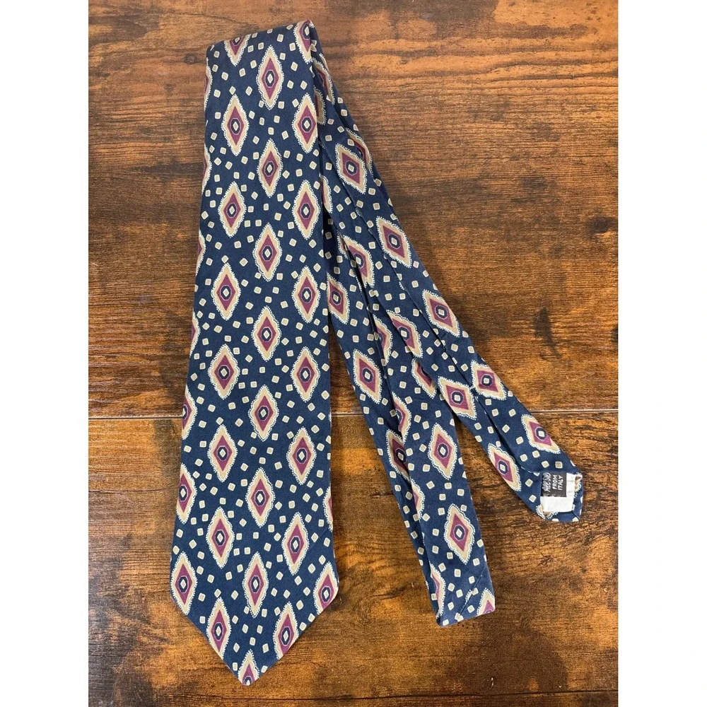 Givenchy Monsieur Mens Silk Tie Navy Blue Burgundy Geometric Diamond Made Italy